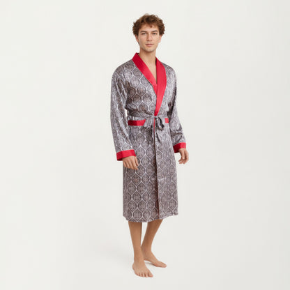 Anna-Kaci Men's Satin Robe with Ornate Medallion Pattern and Contrast Trim Details