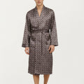 Anna-Kaci Men's Satin Robe with Geometric Square Pattern and Waist Tie Belt