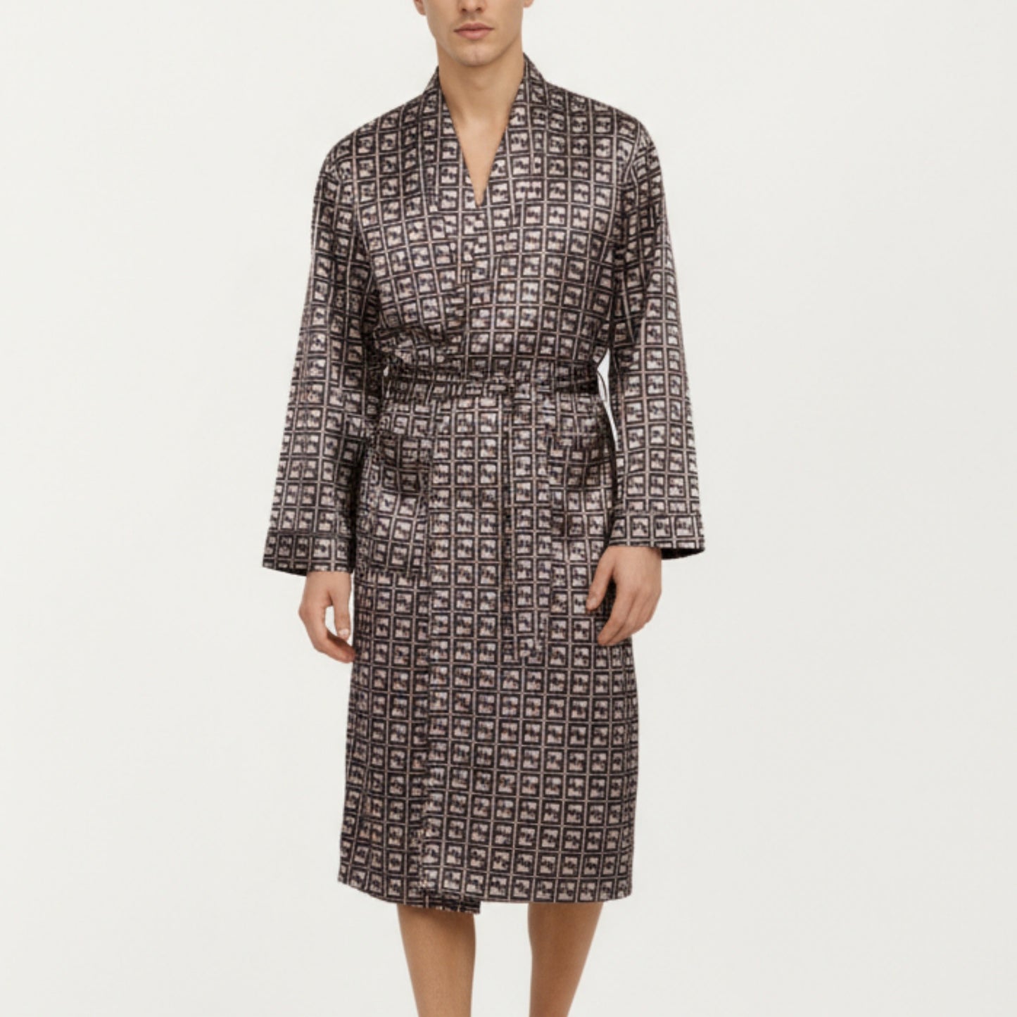 Anna-Kaci Men's Satin Robe with Geometric Square Pattern and Waist Tie Belt