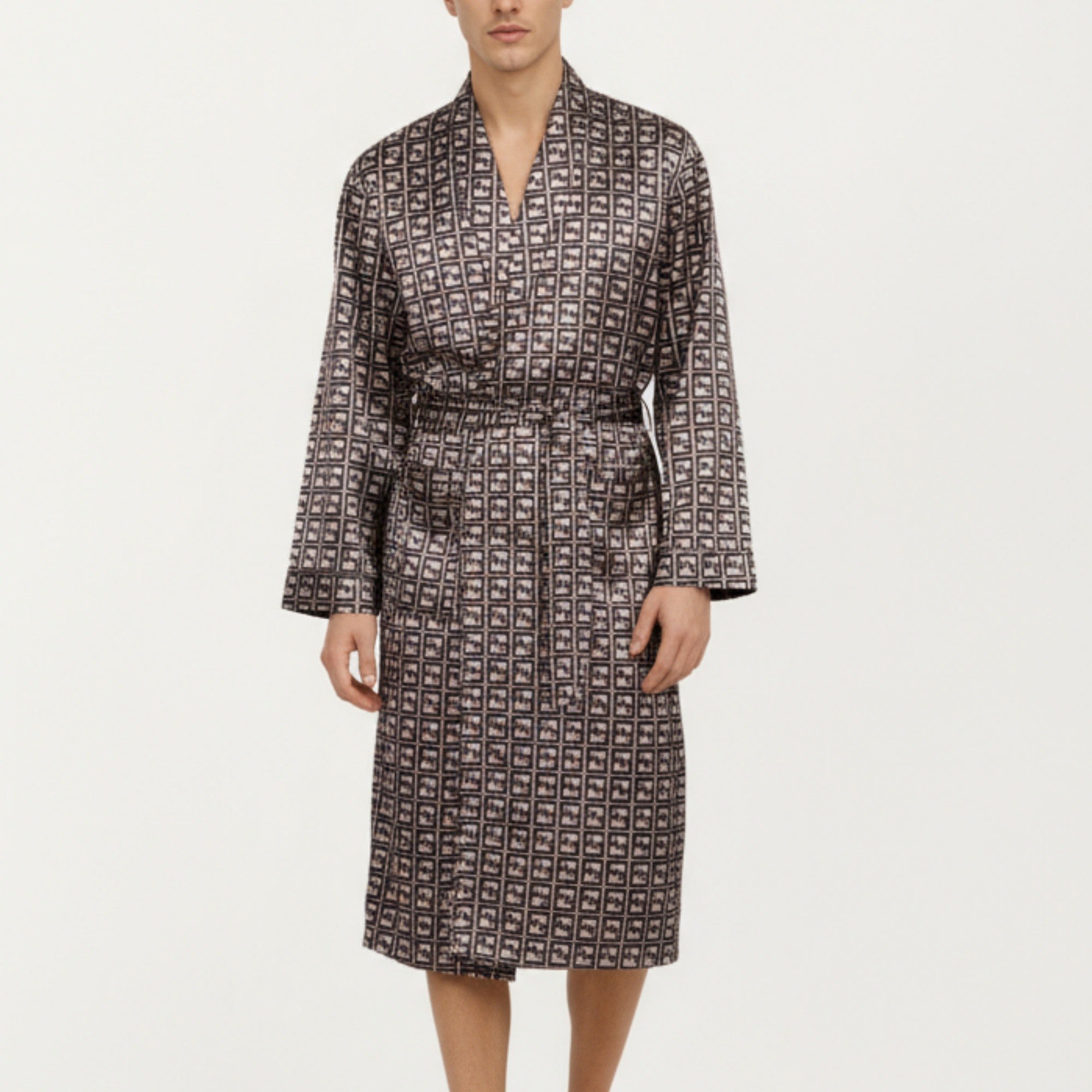 Anna-Kaci Men's Satin Robe with Geometric Square Pattern and Waist Tie Belt