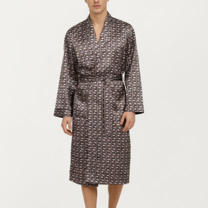Anna-Kaci Men's Satin Robe with Geometric Square Pattern and Waist Tie Belt