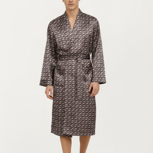 Anna-Kaci Men's Satin Robe with Geometric Square Pattern and Waist Tie Belt