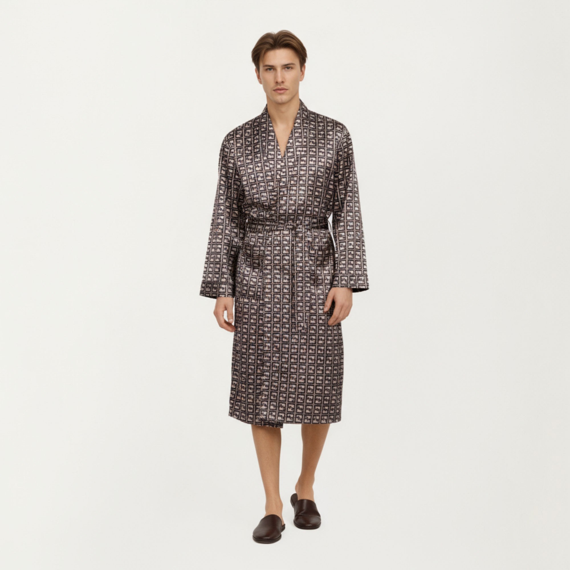Anna-Kaci Men's Satin Robe with Geometric Square Pattern and Waist Tie Belt
