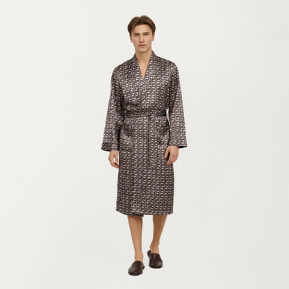 Anna-Kaci Men's Satin Robe with Geometric Square Pattern and Waist Tie Belt