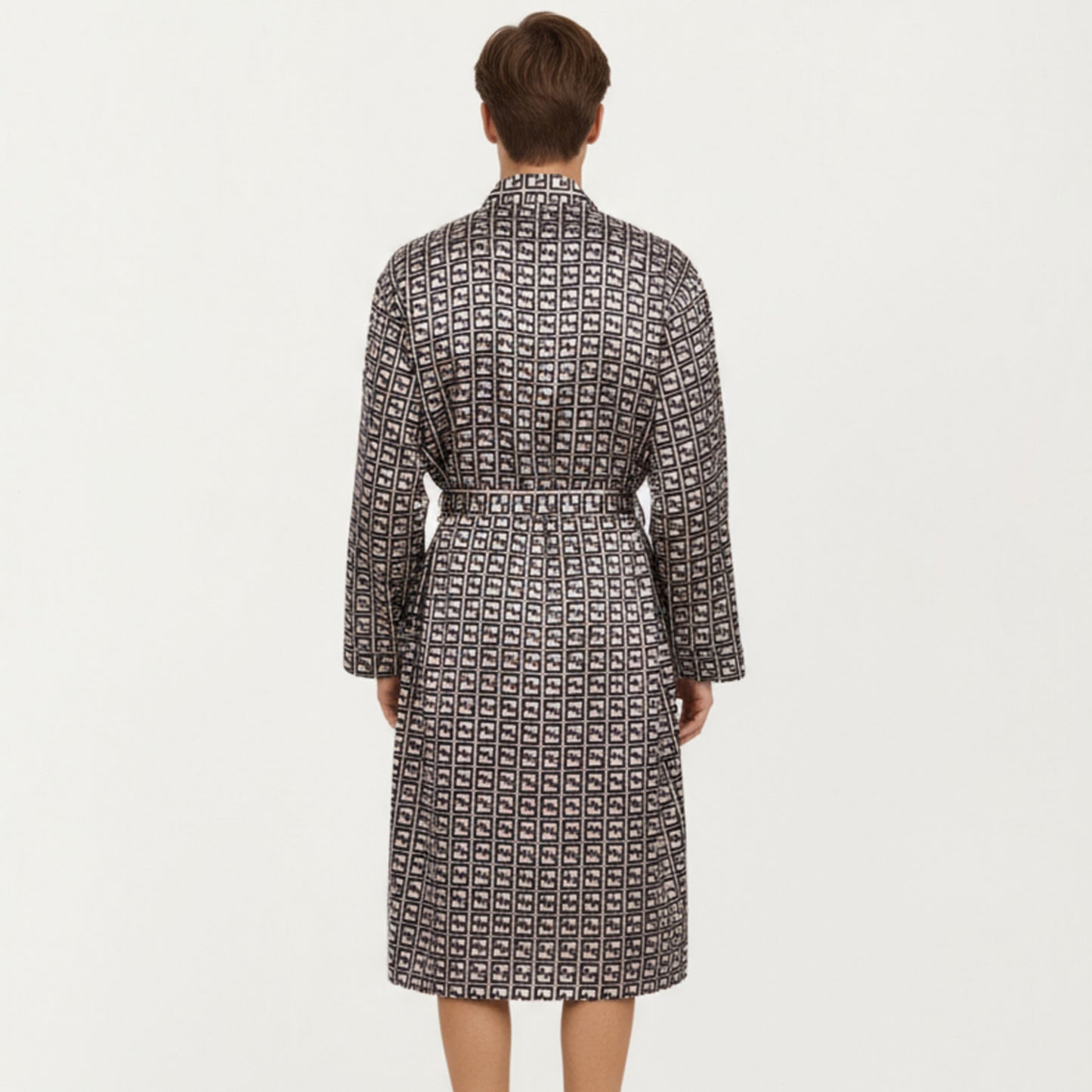 Anna-Kaci Men's Satin Robe with Geometric Square Pattern and Waist Tie Belt