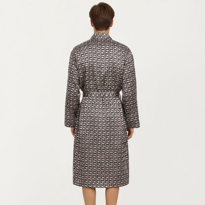 Anna-Kaci Men's Satin Robe with Geometric Square Pattern and Waist Tie Belt