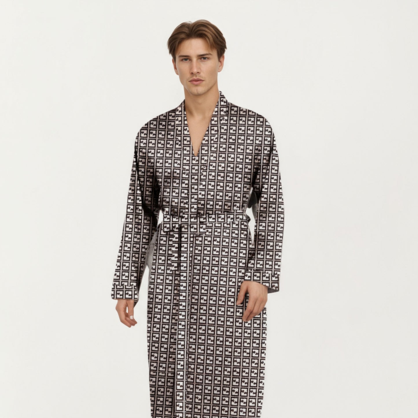 Anna-Kaci Men's Satin Robe with Geometric Square Pattern and Waist Tie Belt