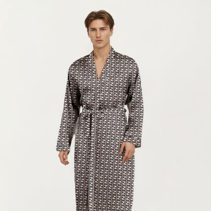 Anna-Kaci Men's Satin Robe with Geometric Square Pattern and Waist Tie Belt