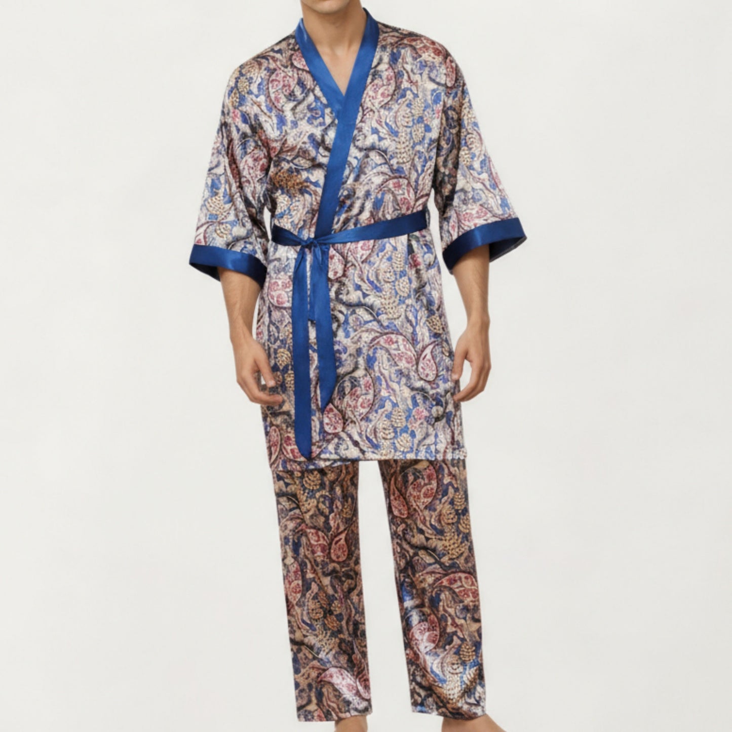 Anna-Kaci Men's 2-Piece Set Satin Robe and Pants with Paisley Print and Contrast Trim