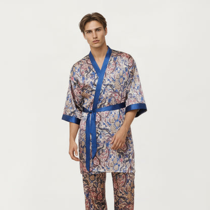 Anna-Kaci Men's 2-Piece Set Satin Robe and Pants with Paisley Print and Contrast Trim