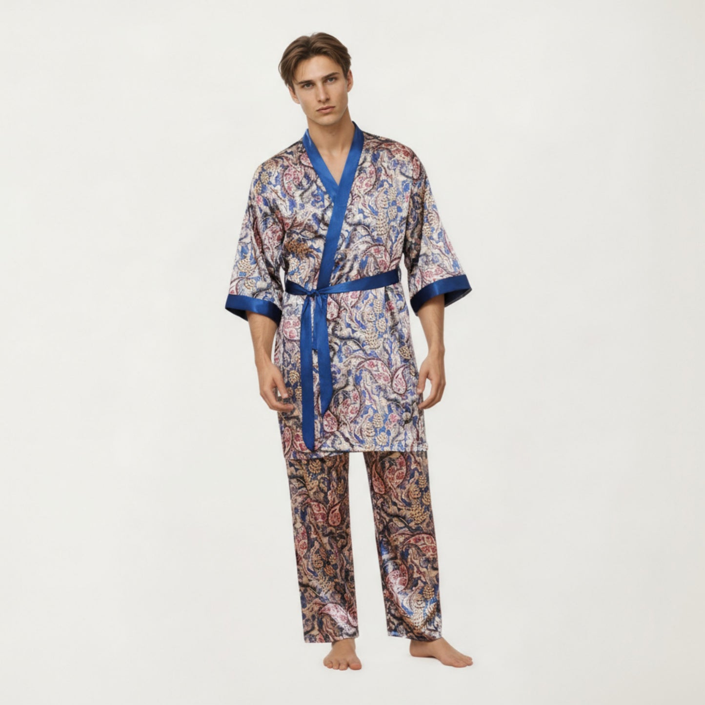 Anna-Kaci Men's 2-Piece Set Satin Robe and Pants with Paisley Print and Contrast Trim