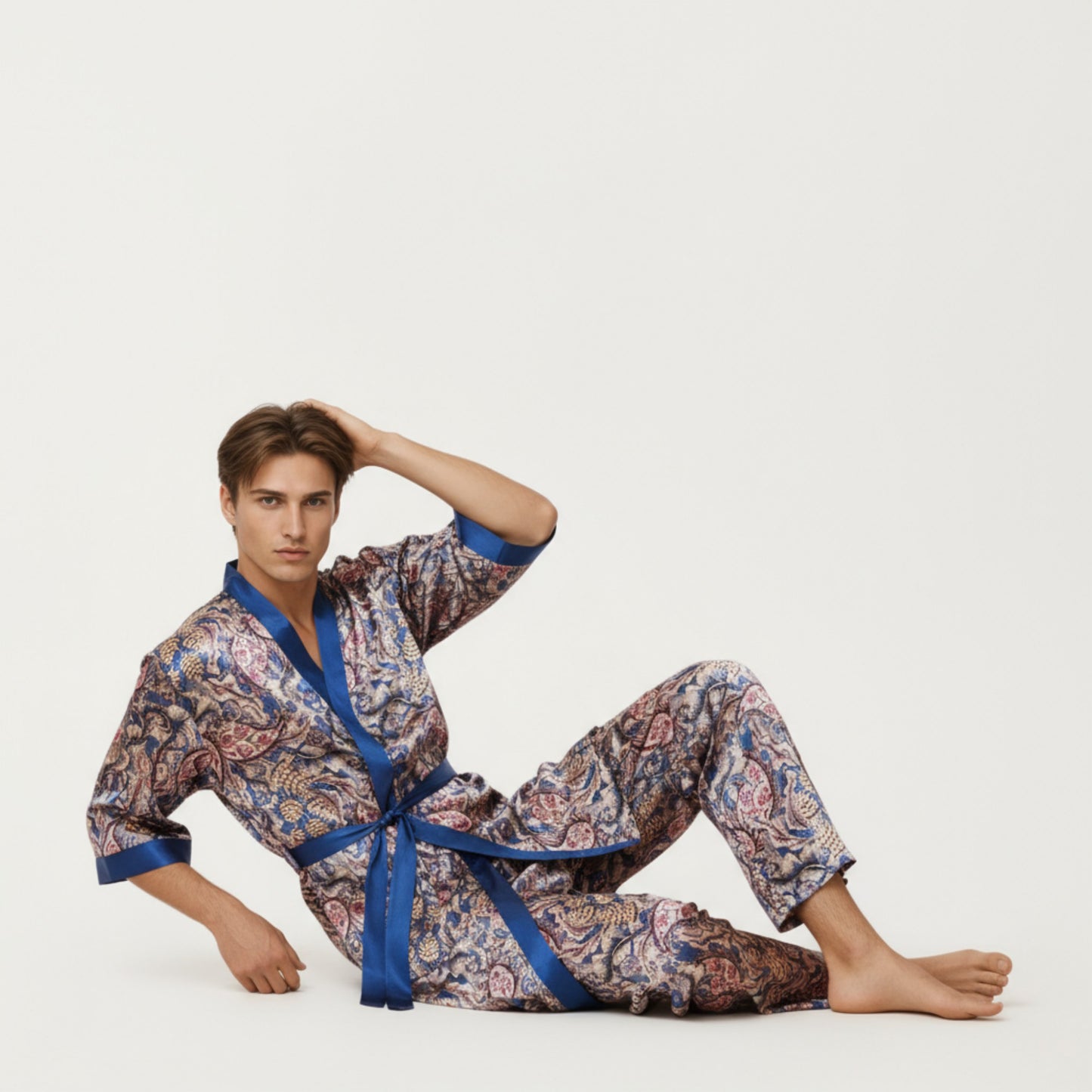 Anna-Kaci Men's 2-Piece Set Satin Robe and Pants with Paisley Print and Contrast Trim