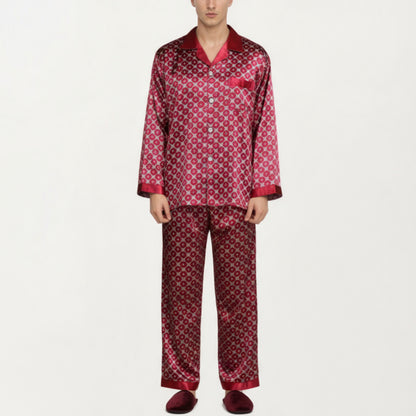 Anna-Kaci Men's 2-Piece Set Satin Pajamas with Geometric Print Contrast Collar and Button-Up Top