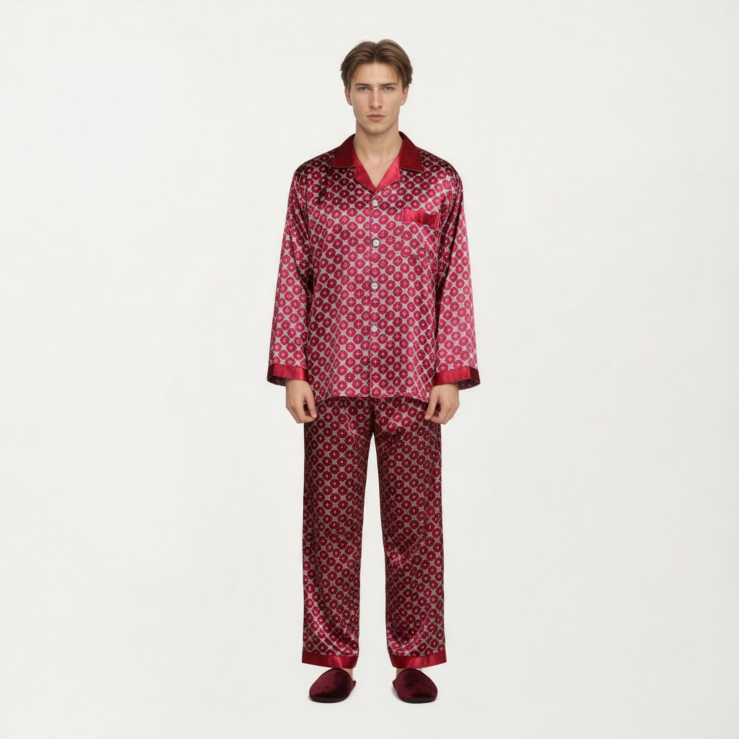 Anna-Kaci Men's 2-Piece Set Satin Pajamas with Geometric Print Contrast Collar and Button-Up Top