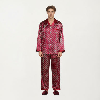 Anna-Kaci Men's 2-Piece Set Satin Pajamas with Geometric Print Contrast Collar and Button-Up Top