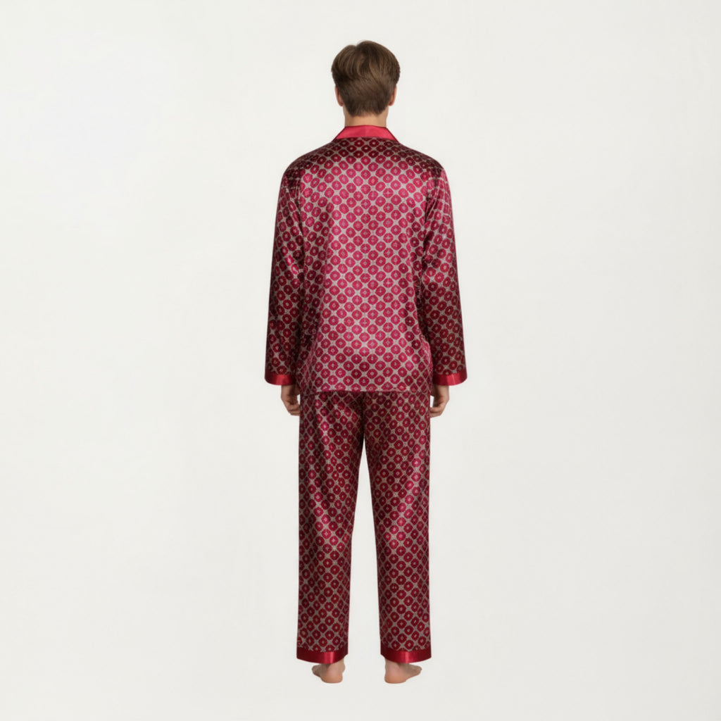 Anna-Kaci Men's 2-Piece Set Satin Pajamas with Geometric Print Contrast Collar and Button-Up Top