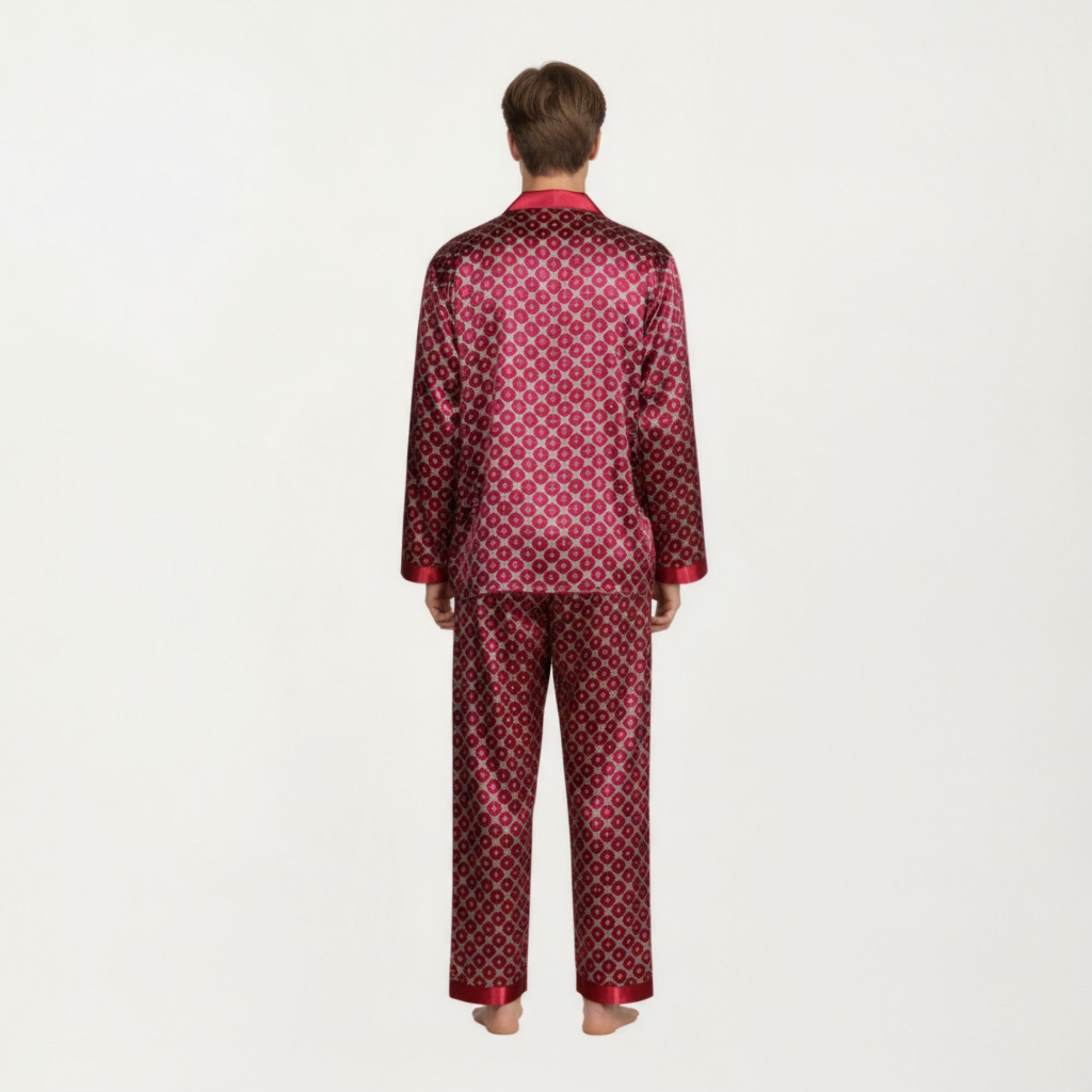 Anna-Kaci Men's 2-Piece Set Satin Pajamas with Geometric Print Contrast Collar and Button-Up Top