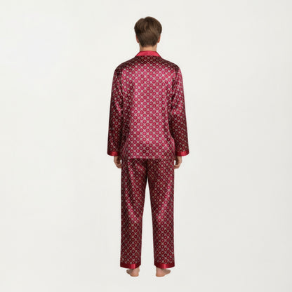 Anna-Kaci Men's 2-Piece Set Satin Pajamas with Geometric Print Contrast Collar and Button-Up Top