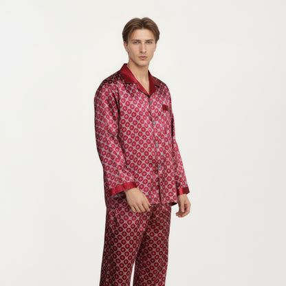 Anna-Kaci Men's 2-Piece Set Satin Pajamas with Geometric Print Contrast Collar and Button-Up Top