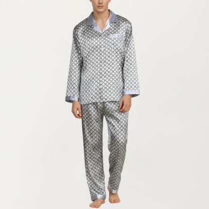 Anna-Kaci Men's 2-Piece Set Satin Pajamas with Geometric Print Contrast Collar and Button-Up Top
