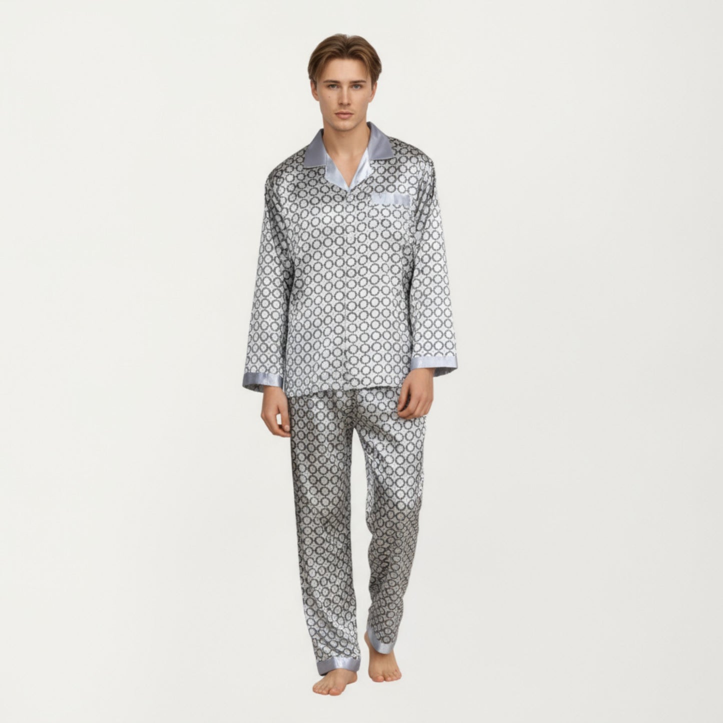 Anna-Kaci Men's 2-Piece Set Satin Pajamas with Geometric Print Contrast Collar and Button-Up Top