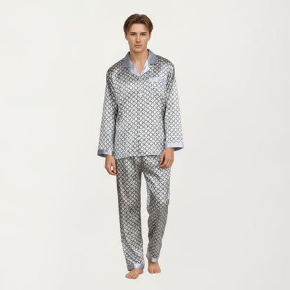 Anna-Kaci Men's 2-Piece Set Satin Pajamas with Geometric Print Contrast Collar and Button-Up Top