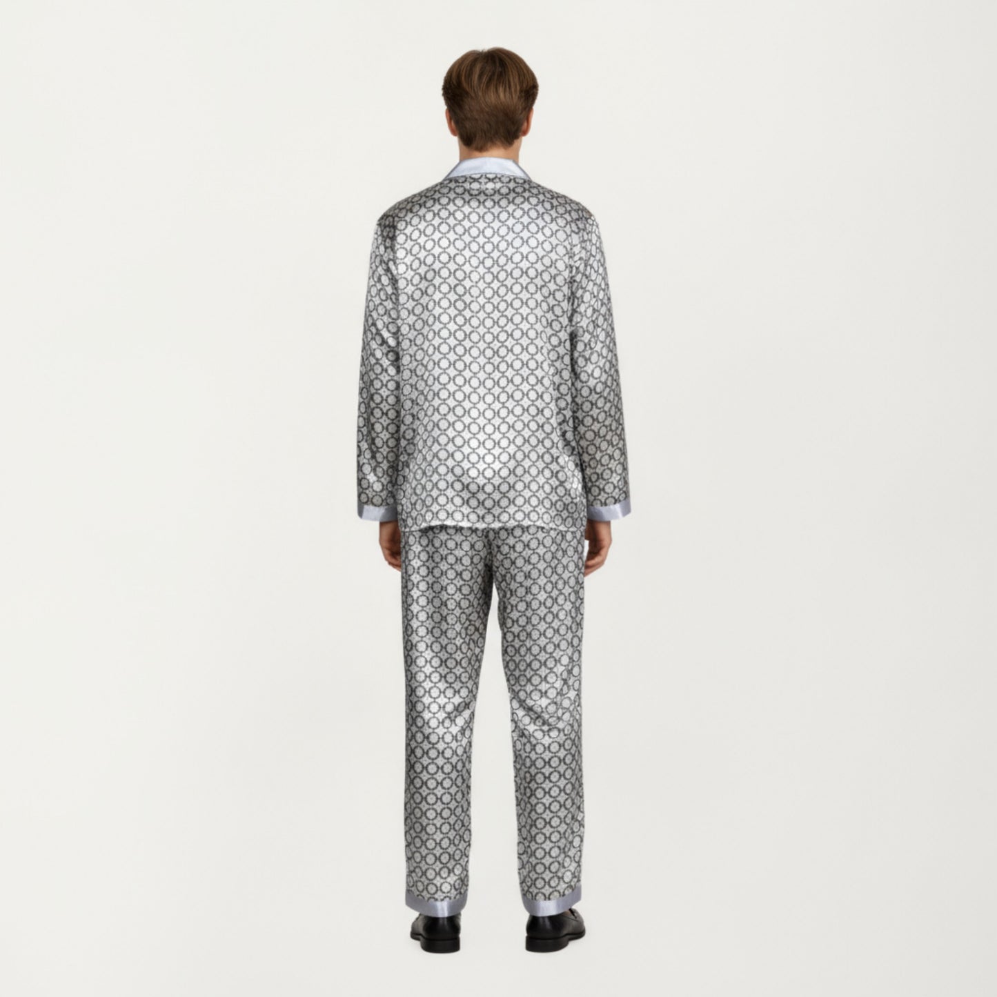 Anna-Kaci Men's 2-Piece Set Satin Pajamas with Geometric Print Contrast Collar and Button-Up Top