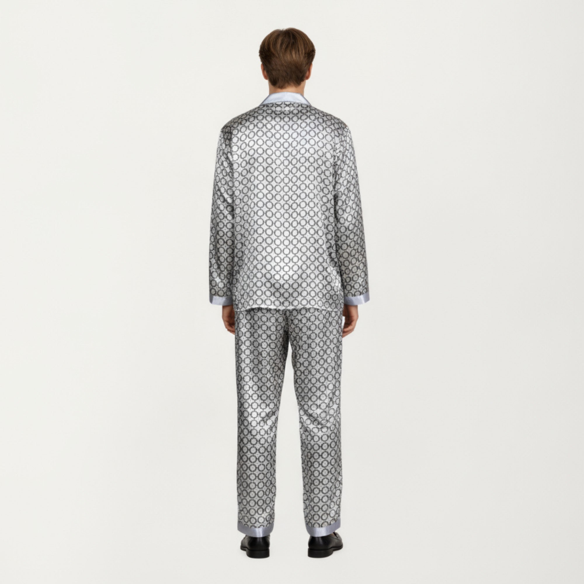 Anna-Kaci Men's 2-Piece Set Satin Pajamas with Geometric Print Contrast Collar and Button-Up Top