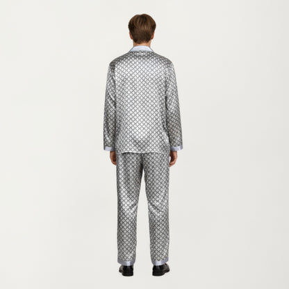 Anna-Kaci Men's 2-Piece Set Satin Pajamas with Geometric Print Contrast Collar and Button-Up Top