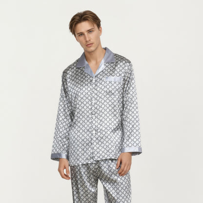 Anna-Kaci Men's 2-Piece Set Satin Pajamas with Geometric Print Contrast Collar and Button-Up Top