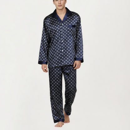 Anna-Kaci Men's 2-Piece Set Satin Pajamas with Geometric Print Contrast Collar and Button-Up Top