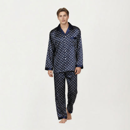 Anna-Kaci Men's 2-Piece Set Satin Pajamas with Geometric Print Contrast Collar and Button-Up Top