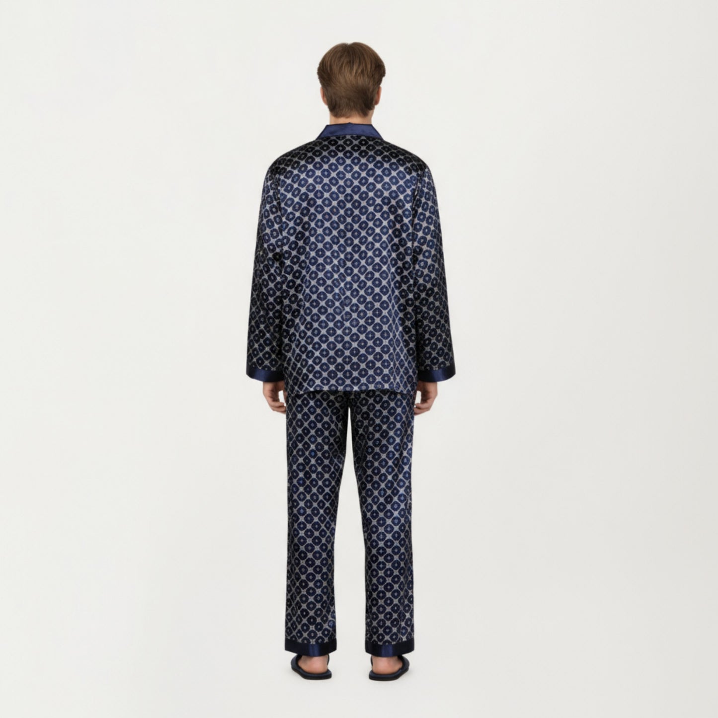 Anna-Kaci Men's 2-Piece Set Satin Pajamas with Geometric Print Contrast Collar and Button-Up Top