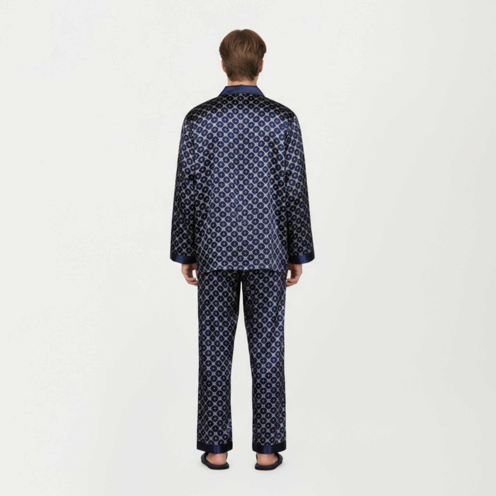Anna-Kaci Men's 2-Piece Set Satin Pajamas with Geometric Print Contrast Collar and Button-Up Top