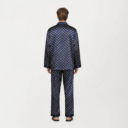 Anna-Kaci Men's 2-Piece Set Satin Pajamas with Geometric Print Contrast Collar and Button-Up Top