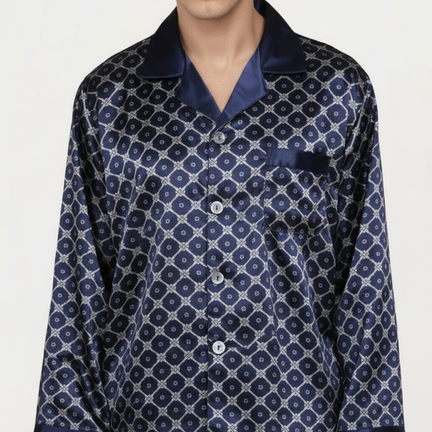 Anna-Kaci Men's 2-Piece Set Satin Pajamas with Geometric Print Contrast Collar and Button-Up Top