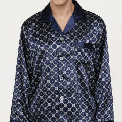 Anna-Kaci Men's 2-Piece Set Satin Pajamas with Geometric Print Contrast Collar and Button-Up Top