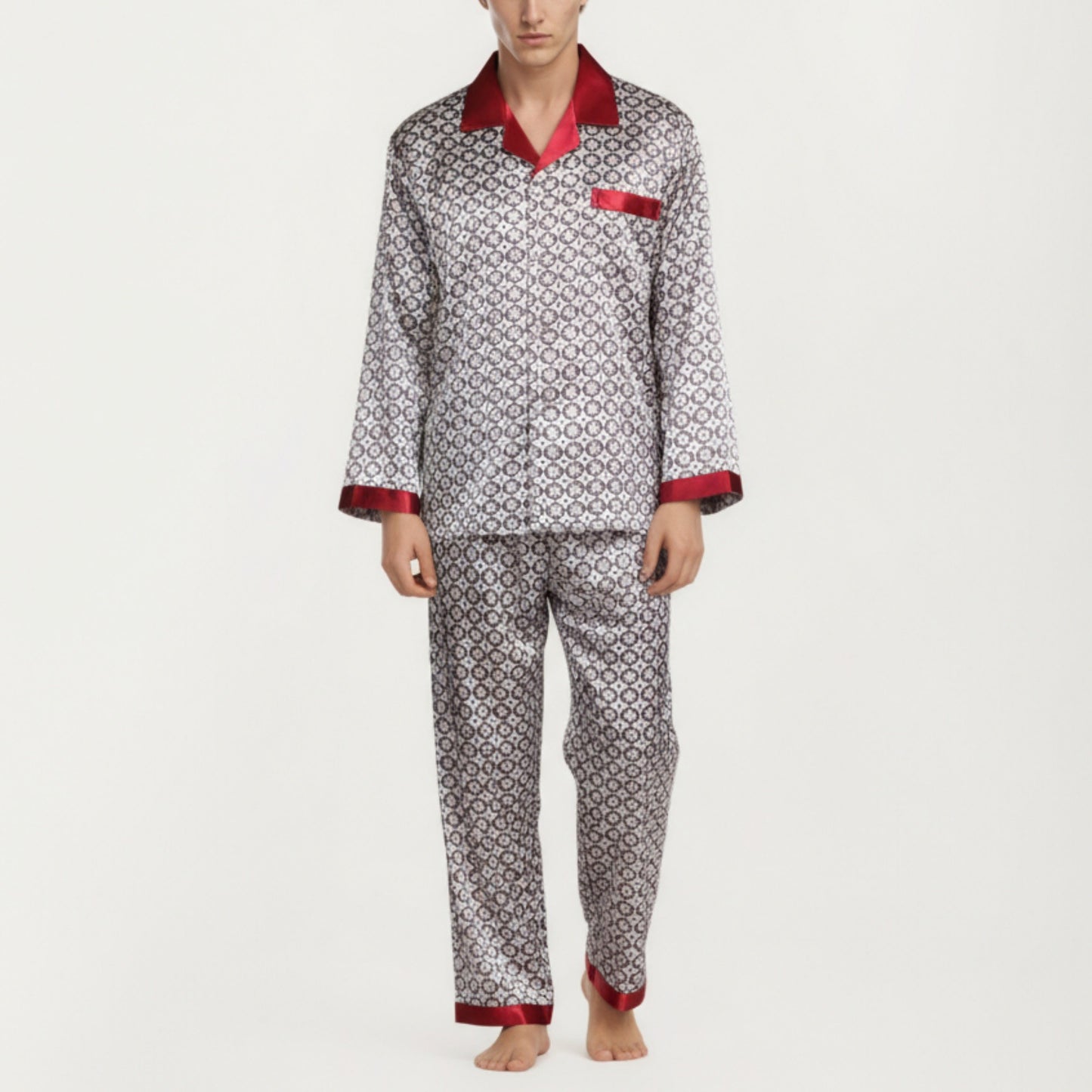 Anna-Kaci Men's 2-Piece Set Satin Pajamas with Geometric Print Contrast Collar and Button-Up Top