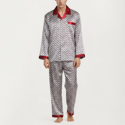 Anna-Kaci Men's 2-Piece Set Satin Pajamas with Geometric Print Contrast Collar and Button-Up Top