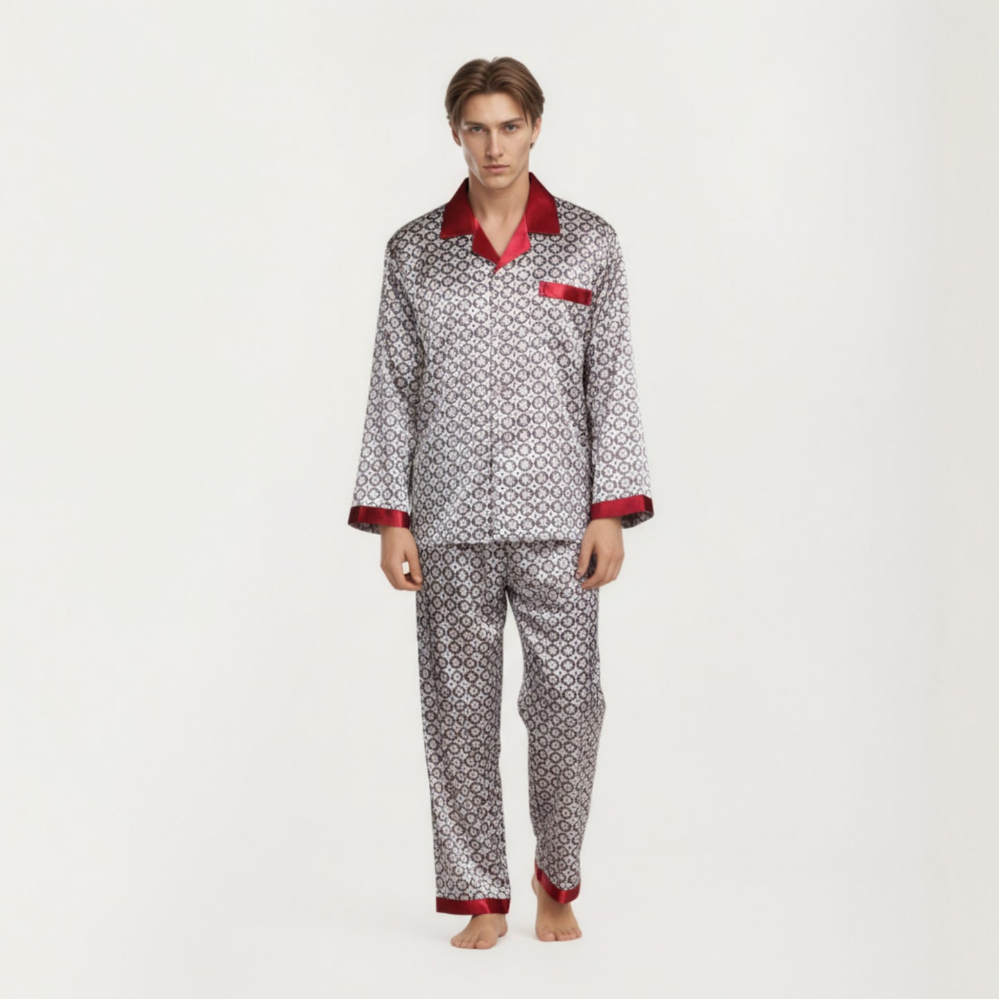 Anna-Kaci Men's 2-Piece Set Satin Pajamas with Geometric Print Contrast Collar and Button-Up Top