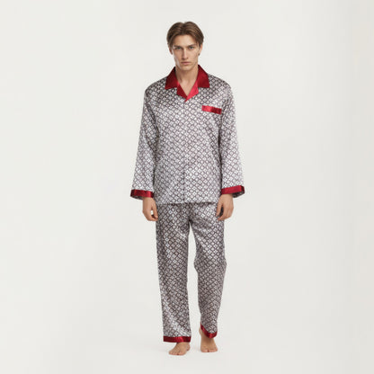 Anna-Kaci Men's 2-Piece Set Satin Pajamas with Geometric Print Contrast Collar and Button-Up Top