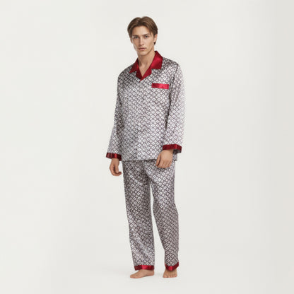 Anna-Kaci Men's 2-Piece Set Satin Pajamas with Geometric Print Contrast Collar and Button-Up Top