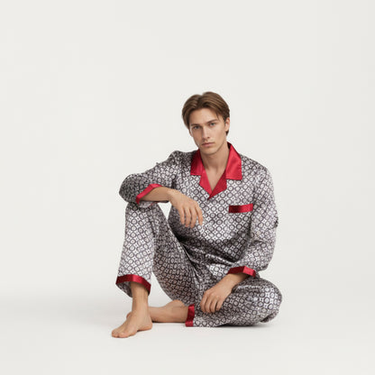 Anna-Kaci Men's 2-Piece Set Satin Pajamas with Geometric Print Contrast Collar and Button-Up Top