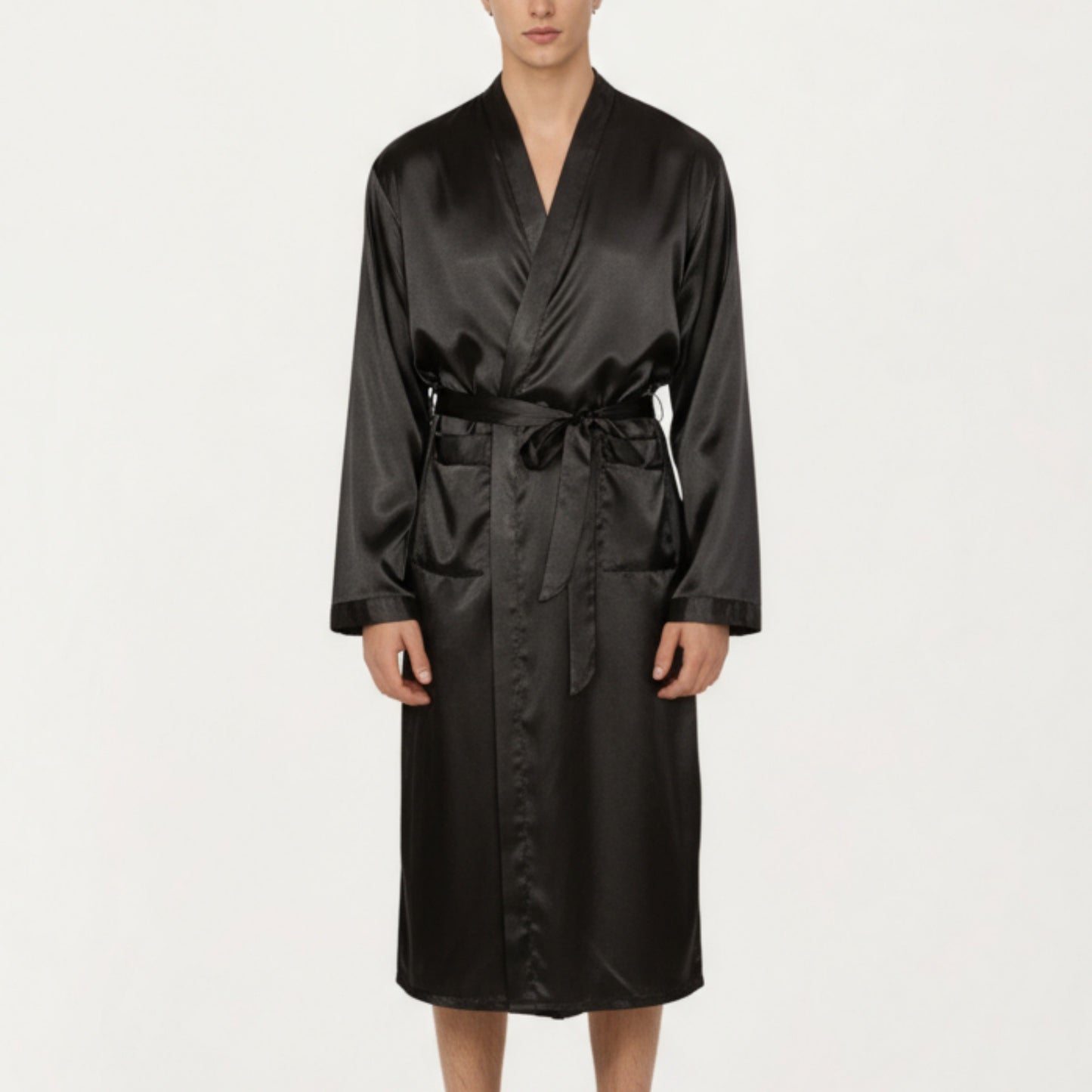 Anna-Kaci Men's Satin Robe with Waist Tie Belt and Front Pockets