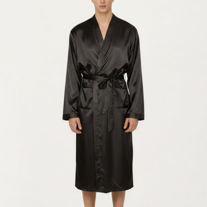 Anna-Kaci Men's Satin Robe with Waist Tie Belt and Front Pockets