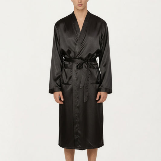 Anna-Kaci Men's Satin Robe with Waist Tie Belt and Front Pockets