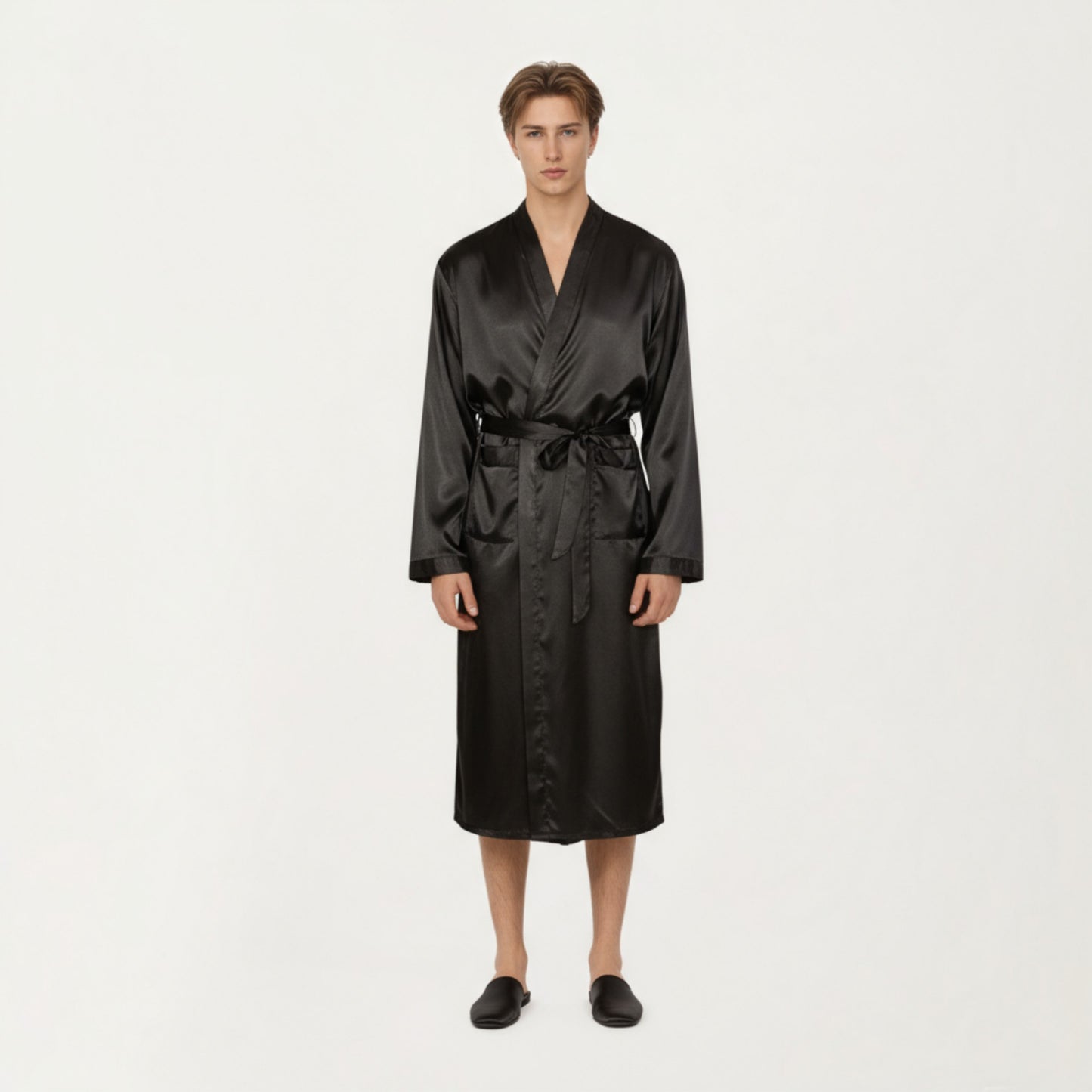 Anna-Kaci Men's Satin Robe with Waist Tie Belt and Front Pockets