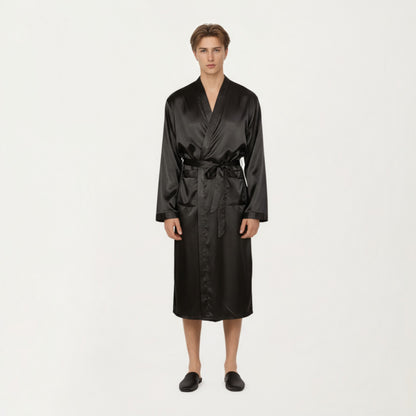 Anna-Kaci Men's Satin Robe with Waist Tie Belt and Front Pockets