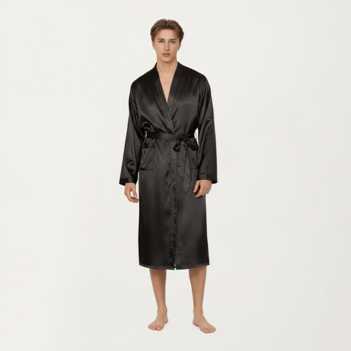 Anna-Kaci Men's Satin Robe with Waist Tie Belt and Front Pockets