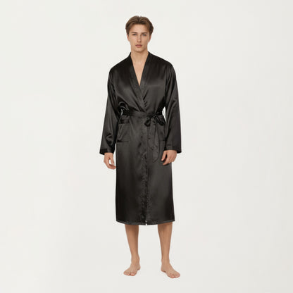 Anna-Kaci Men's Satin Robe with Waist Tie Belt and Front Pockets